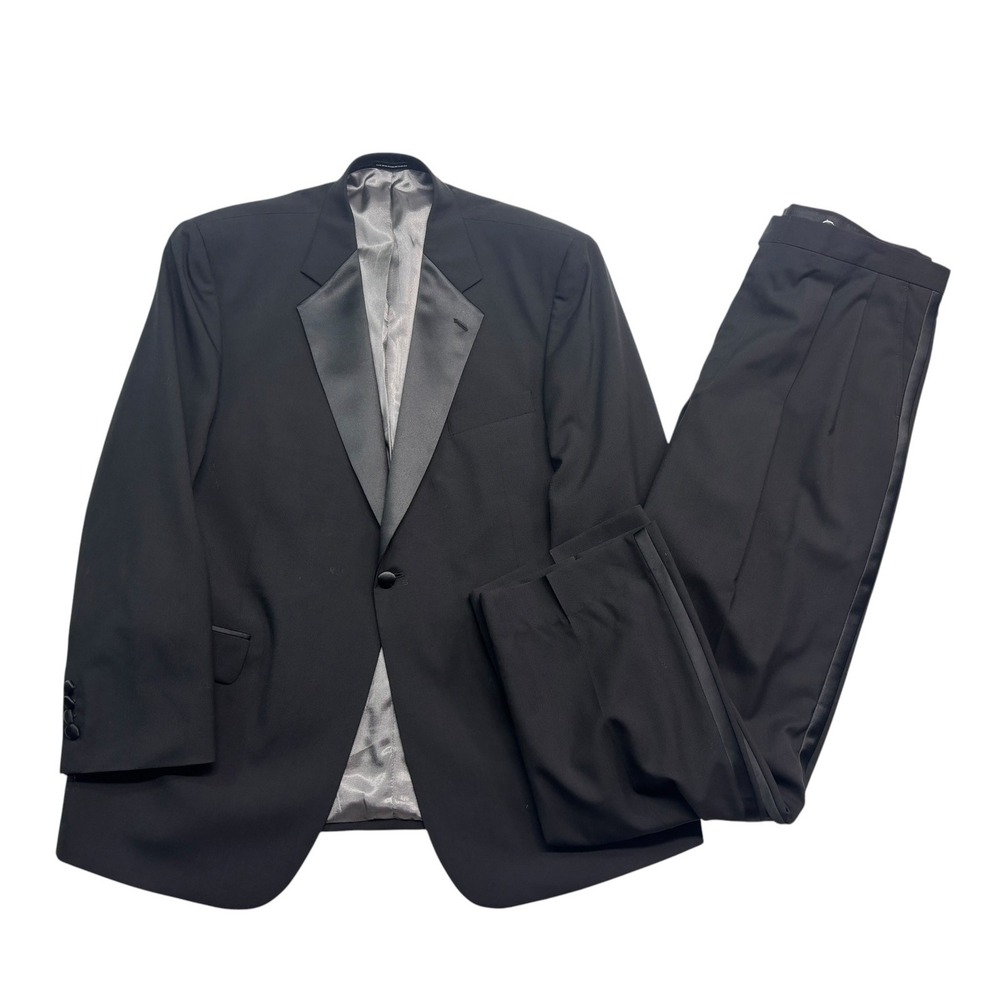 Stafford 46R 40x32 Black Tuxedo 2pc Pant Suit Wool Satin Dinner Formal Evening